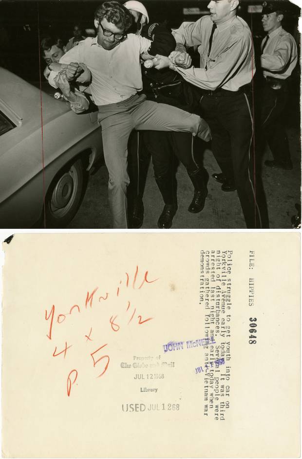 Police arrest protesters in Yorkville following a demonstration against the Vietnam War in 1968.