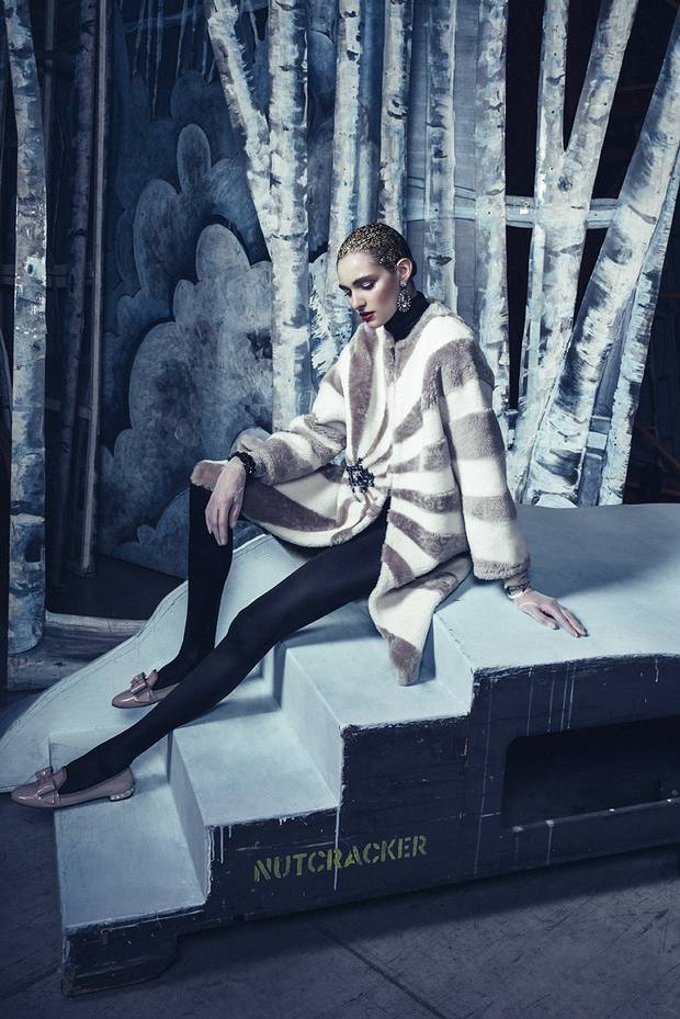 Coat, £3,950 through www.anyahindmarch.com. Alexis Bittar bracelet, $365 at Holt Renfrew (www.holtrenfrew.com). Vintage earrings and cuff, price on request through www.caroletanenbaum.com. Miu Miu shoes, $790 at Nordstrom (www.nordstrom.com). Gloves, $30 at Gadabout Vintage (www.gadaboutvintage.com).