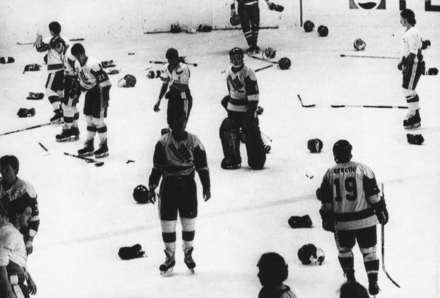Players from Canada and the former Soviet Union staged a bench-clearing brawl at the 1987 World Junior Hockey Championships in the former Czechoslovakia.