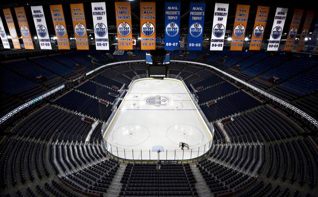 Championship banners hang above Recall Place in Edmonton Alberta, March 23, 2016. Home of the Edmonton Oilers, Rexall Place, is in it's last season as the Oilers move to a new arena.