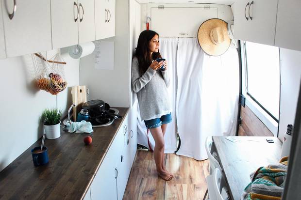 Inside a 2003 Dodge Sprinter 2500 van in Pacific City, Oregon.