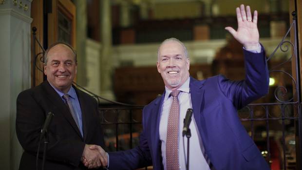 B.C. Green Party Leader Andrew Weaver and B.C. NDP Leader John Horgan speak to media in Victoria on May 29, 2017, after announcing they’ll be working together to help form a minority government.