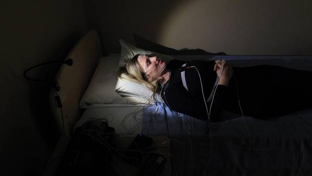 Globe and Mail writer Erin Anderssen takes part in a sleep disorder test at the Royal Ottawa Hospital Sleep Lab November 7, 2016 in Ottawa.