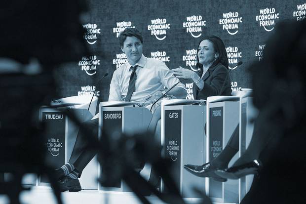 Jan. 22, 2016: Prime Minister Justin Trudeau sits beside Sheryl Sandberg, chief operating officer of Facebook, at a session on gender parity, in Davos, Switzerland. The social-media giant is in several stratetic partnerships in Canada, launching a ‘Canadian Election Integrity’ project for politicians and a partnership with Ryerson University’s Digital Media Zone.
