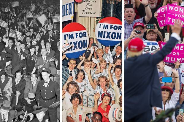 Franklin D. Roosevelt gets a thunderous ovation in New York on Oct. 31, 1936; supporters of Richard Nixon gather in Chicago in July, 1960; Donald Trump waves at a thank-you rally in Mobile, Ala., on Dec. 17, 2016.
