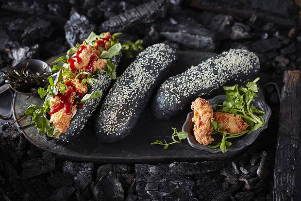 Korean fried-chicken sandwich. (ARTISANAL MATTE BLACK DIPPING BOWL, $5 THROUGH WWW.INDIGO.CA.)