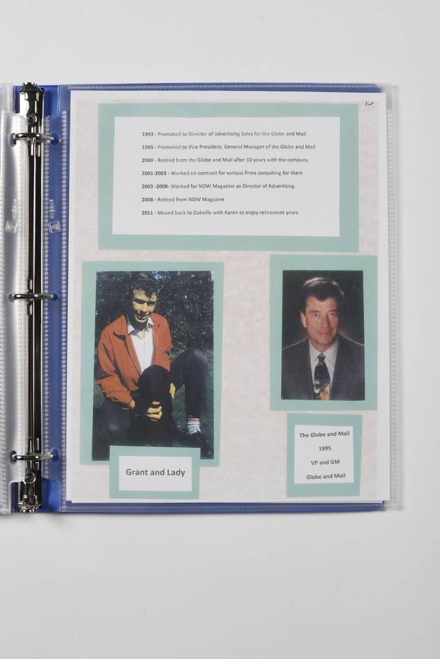 A page from a binder chronicling Grant Crosbie’s life lists his career accomplishments.