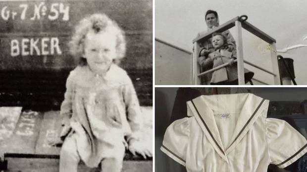 Family photos show Jeanne Beker’s sister, Marilyn, on the sea journey to Canada. At left, Marilyn sits on one of the wooden trunks; at top left, she is shown with her mother, Bronia. At bottom right is one of Marilyn’s dresses she wore on the trip.