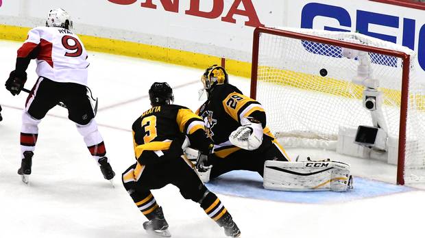 Bobby Ryan scores the overtime winner for the Ottawa Senators against the Penguins in Game 1 of their third-round playoff series Saturday in Pittsburgh.