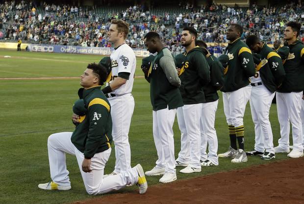 Bruce Maxwell of the Oakland Athletics has become the first major league baseball player to kneel during the national anthem.