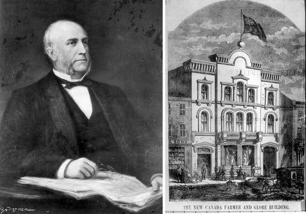 Left: George Brown, shown in a portrait by John Wycliffe Lowes Forster. Right: On the day of Confederation, The Globe’s office was on King Street East in a building shared with the biweekly Canada Farmer newspaper.