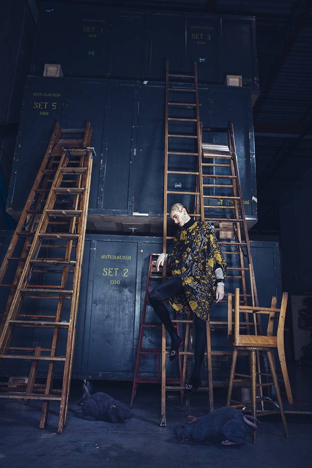 Zero + Maria Cornejo coat, $2,376, Manolo Blahnik shoes, $1,155 at Nordstrom. Vintage earrings and bangles, price on request through www.caroletanenbaum.com. Gloves, $30 at Gadabout Vintage.