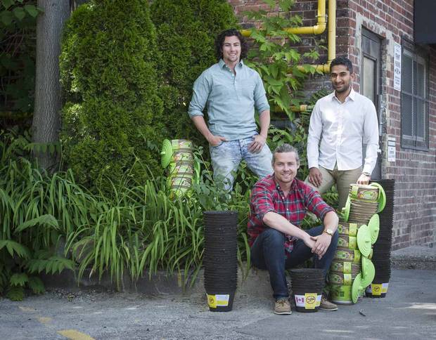 From left, Jackson Wyatt, Morgan Wyatt and Adil Qawi of Autom River Inc. are seen at their offices in Toronto.