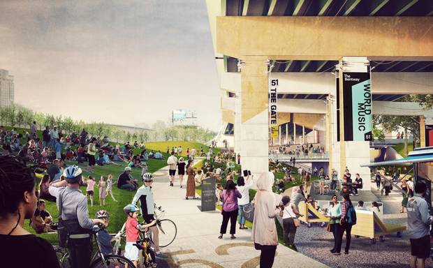 The Bentway’s first phase begins at the west end, at Strachan Avenue, with an open-air theatre and performance zone.