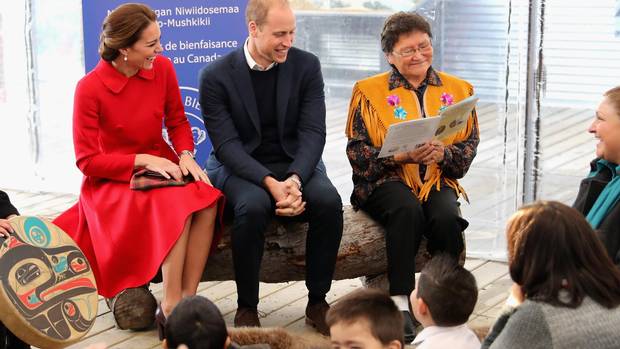 Catherine, Duchess of Cambridge and Prince William, Duke of Cambridge laugh as stories are read to children by Lorraine Allen, a Kwanlin Dun elder, at McBride Museum during the Royal Tour of Canada on September 28, 2016 in Whitehorse, Canada.