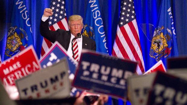 Republican presidential nominee Donald Trump concludes his speech at his campaign rally on Aug. 16, 2016, in West Bend, Wis.