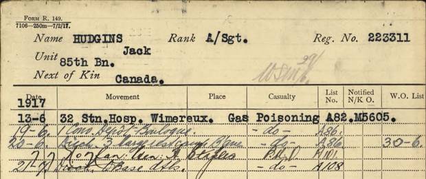 Jack Hudgins’s military record notes his treatment for gas poisoning in June, 1917.