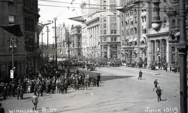 1919: Portage and Main was a hub of protest for workers in the Winnipeg General Strike, the first such labour protest in North America. On June 10, pictured here, the protesters at Portage and Main were met with club-wielding special police officers. Eleven days later came “Bloody Saturday,” when protesters on Main Street overturned a streetcar, the mayor read the riot act and Mounties charged the crowd. Two workers were killed.