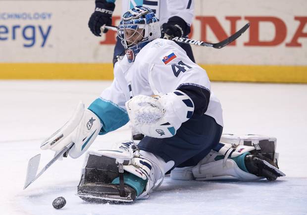 Team Europe goaltender Jaroslav Halak makes a save on Sweden during second period semi-final World Cup of Hockey action in Toronto on Sunday, September 25, 2016.