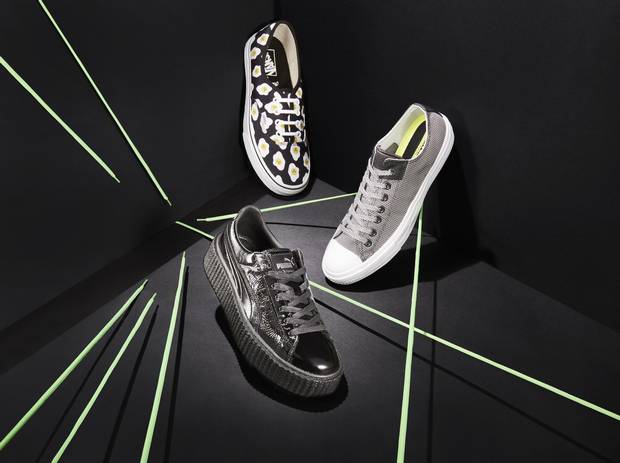 STREET FLEET: Many well-known lifestyle brands have tuned up their wares in recent years. In one of the most hyped fashion collaborations of the past few years, Rihanna’s partnership with Puma has resulted in an array of amped-up offerings including a glossy creeper style. Print artist Kendra Dandy teamed up with Vans to create a collection of cheerful, cartoonish products. And Converse has created the CT II, a comfier update on the brand’s most recognizable shoe, thanks to its plush Lunarlon foam insole. Clockwise from top: Vans x Kendra Dandy Sassy Side Up sneaker, $80 at Vans retailers (www.vans.com). Converse Chuck Taylor All Star II OX basketweave sneaker, $85 at Hudson’s Bay (www.thebay.com). Fenty Puma by Rihanna Cracked Leather creeper, $210 at Gravity Pope (www.gravitypope.com). 