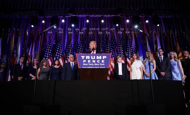 President-elect Donald Trump delivers his acceptance speech in New York in the early hours of Nov. 9, 2016.