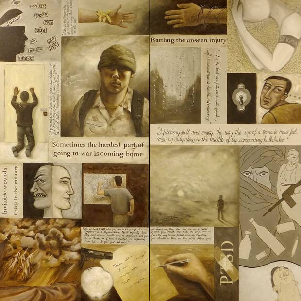 The Other Fallen, a painting created by several volunteer artists as part of Project Heroes, commemorates ‘those whose despair was so great they saw suicide as their only option.’ Project Heroes is a non-profit travelling exhibition dedicated to Canadian soldiers whose deaths are connected to the war in Afghanistan. The portrait in the upper left panel is of Cpl. Jamie McMullin.