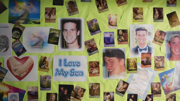 Betty-Lou Kristy of Georgetown, Ont., who lost her son Pete to an overdose of prescription painkillers, has made a “healing wall” in her basement where her son used to sleep.
