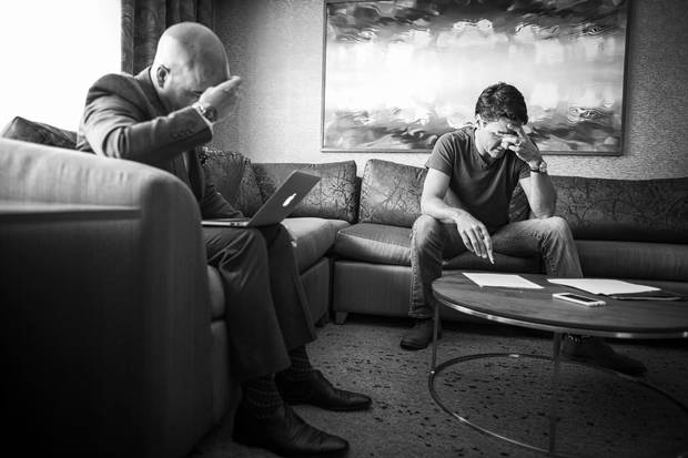 Justin Trudeau prepares a speech in Edmonton on June 4, 2015, with Amarjeet Sohi.