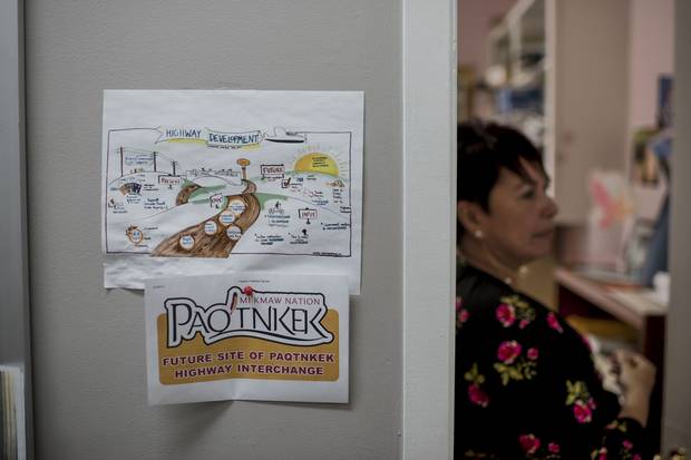 Outside the office of Rose Paul, Paqtnkek’s economic development officer, a sign touts the future benefits of the highway interchange.