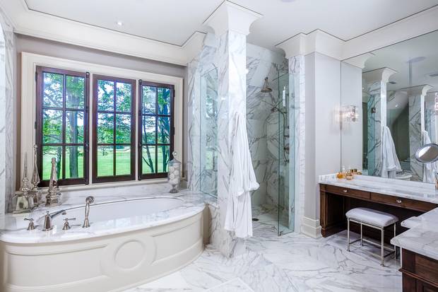 Heat vents are painted to match the veining of the marble.