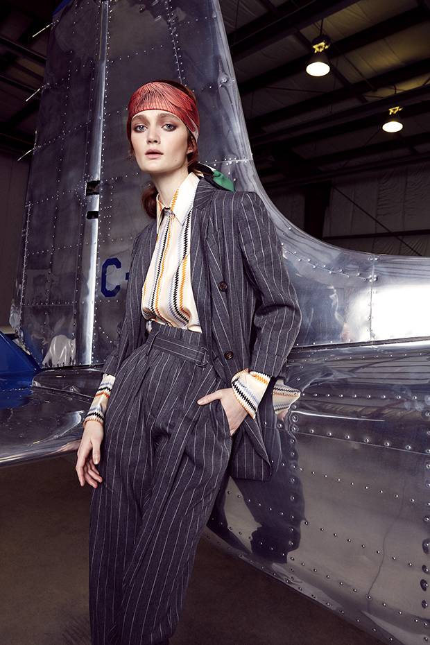 Brunello Cucinelli blazer, $4,225, trousers, $1,175 at Saks Fifth Avenue (saks.com). Victoria Victoria Beckham blouse, $568 at Nordstrom (nordstrom.com). Scarf, $485 at Hermès (hermes.com).