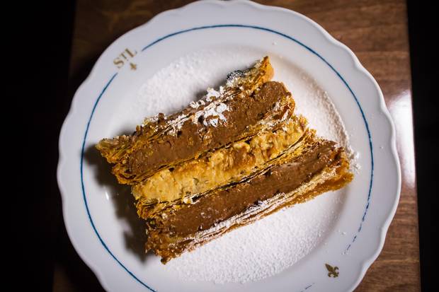 Mille-feuilles chocolat-cafe, puff pastry with chocolate and coffee cream.