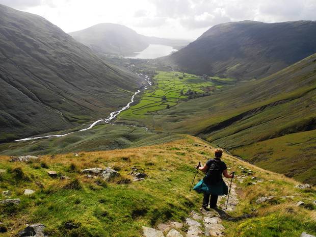 Katy Gillett on the path down Great Gable into Wasdale.