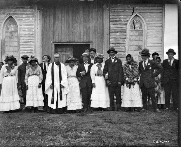 An Indigenous wedding at York Factory, Man. 1925.