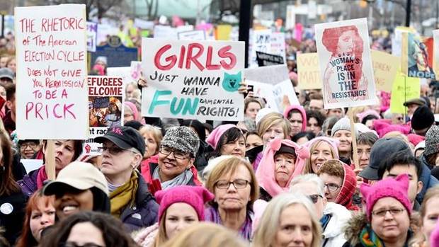 Protesters march, in support of the Women's March on Washington, in Toronto on Saturday, January 21, 2017. Protests are being held across Canada today in support of the Women's March on Washington. Organizers say 30 events in all have been organized across Canada, including Ottawa, Toronto, Montreal and Vancouver. THE CANADIAN PRESS/Frank Gunn