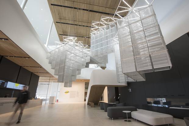 Haegue Yang’s Four Times Sol LeWitt UpsideDown, Version Point to Point hangs in the main entrance of the new Remai Modern Art Gallery in Saskatoon.