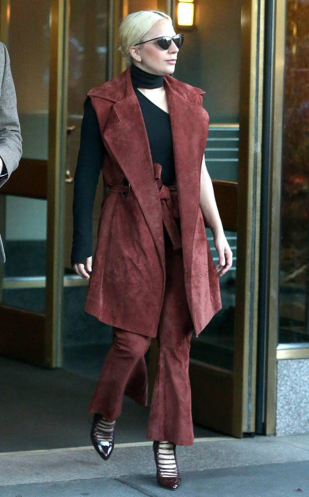 Lady Gaga, in suede separates from Beaufille.