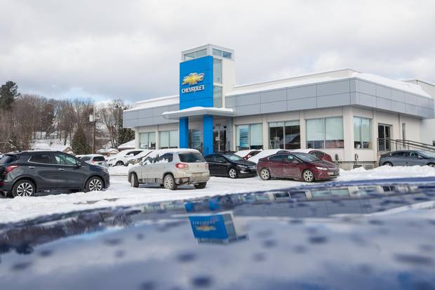 A view of the outside of the Bourgeois Chevrolet car dealership in Rawdon, Quebec, 70 kilometres north of Montreal, on Thursday, February 8, 2018. This dealership in a small town in Quebec sells the most electric and hybrid vehicles in Canada.