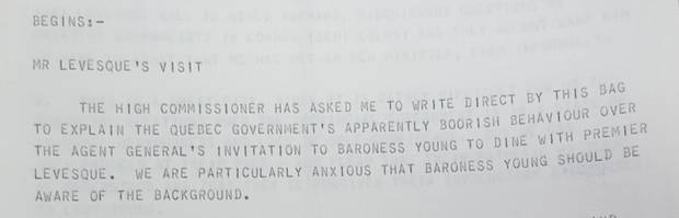An excerpt from the documents about Mr. Lévesque’s diplomatic gaffe in London.