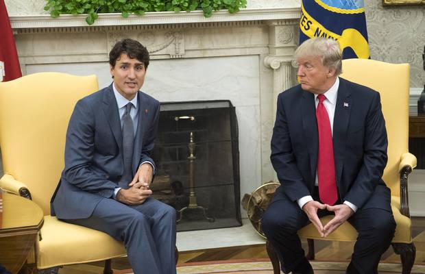 U.S. President Donald Trump meets with Canadian Prime Minister Justin Trudeau in the Oval Office at the White House on October 11, 2017 in Washington, DC.