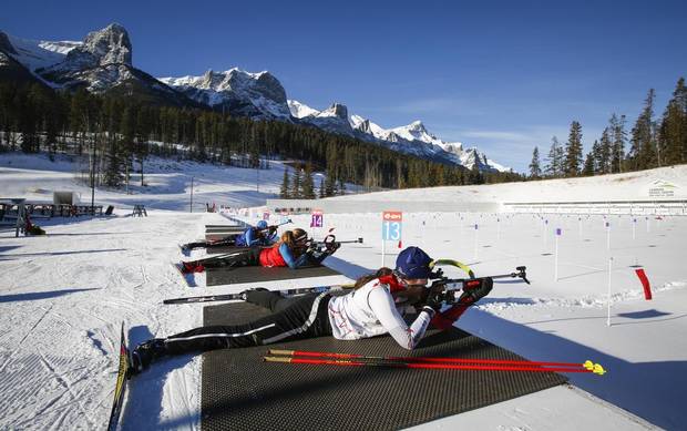 Athletes train at the biathlon shooting range at the Canmore Nordic Centre in Canmore, Alta.