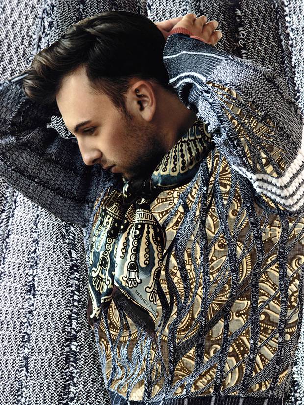 Thom Browne sweater, $1,825 at Holt Renfrew (www.holtrenfrew.com). Turtleneck, $1,700, scarf, $560 at Hermès (www.hermes.com).