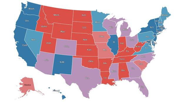 The Washington Post and Survey Monkey polled 74,000 registered U.S. voters. Blue states signal Democratic strongholds, Red are Republican and Purple states could be won by either party.