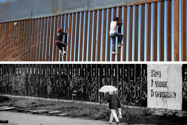 Jan. 26, 2017 (top): Boys play around, climbing the border division between Mexico and the United States in Ciudad Juarez. Nov. 8, 1993 (bottom): A woman walks along wall segments on the former death strip in central Berlin near the Reichstag.