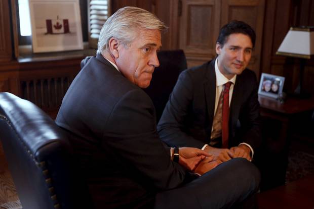 Newfoundland and Labrador Premier Dwight Ball with Prime Minister Justin Trudeau in December of 2015.