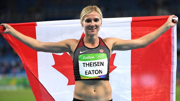 Canada's Brianne Theisen-Eaton celebrates her bronze medal finish in the women's heptathlon at the 2016 Olympic Games in Rio de Janeiro, Brazil on Saturday, Aug. 13, 2016.