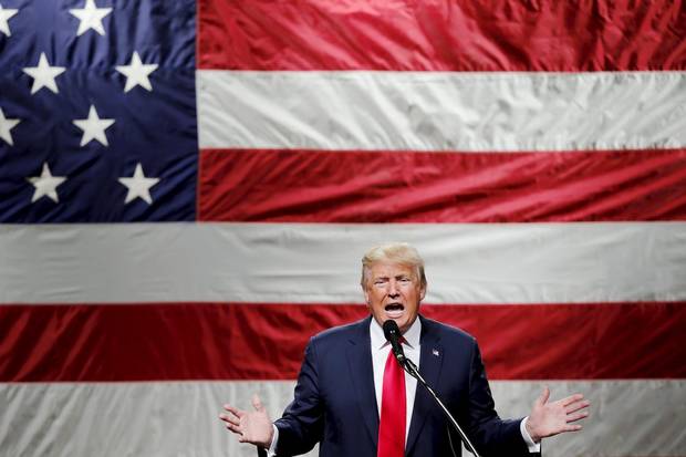 Donald Trump speaks to supporters during a campaign rally in Poughkeepsie, New York, in April.