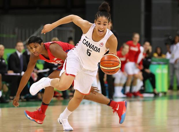 Kia Nurse of Canada controls the ball past Angel Mccoughtry of United States during the women's basketball game on Day 7 of the Rio 2016 Olympic Games on August 12, 2016 in Rio de Janeiro, Brazil.