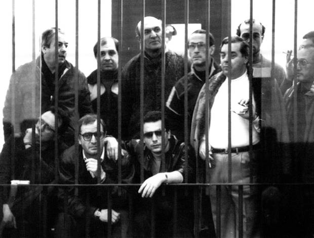 A group of suspected Mafia members behind bars attending the third day of the maxi-trial against 474 people at the fortress-like curtroom at Palermo Wednesday