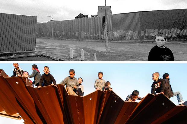 April, 2000 (top): Sean, a 11-year-old Catholic, walks out of his West Belfast home into a no-man’s land between two peace walls that separate him from Protestants. Jan. 25, 2008 (bottom): Palestinians sit on a destroyed section of the border wall in Rafah, southern Gaza Strip, on the border with Egypt.